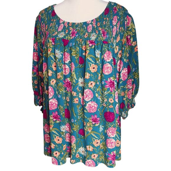 TERRA & SKY Floral Boho Top Blouse Plus 5X 32/34 Smocked Flowy Comfort Teal Pink - Picture 7 of 8